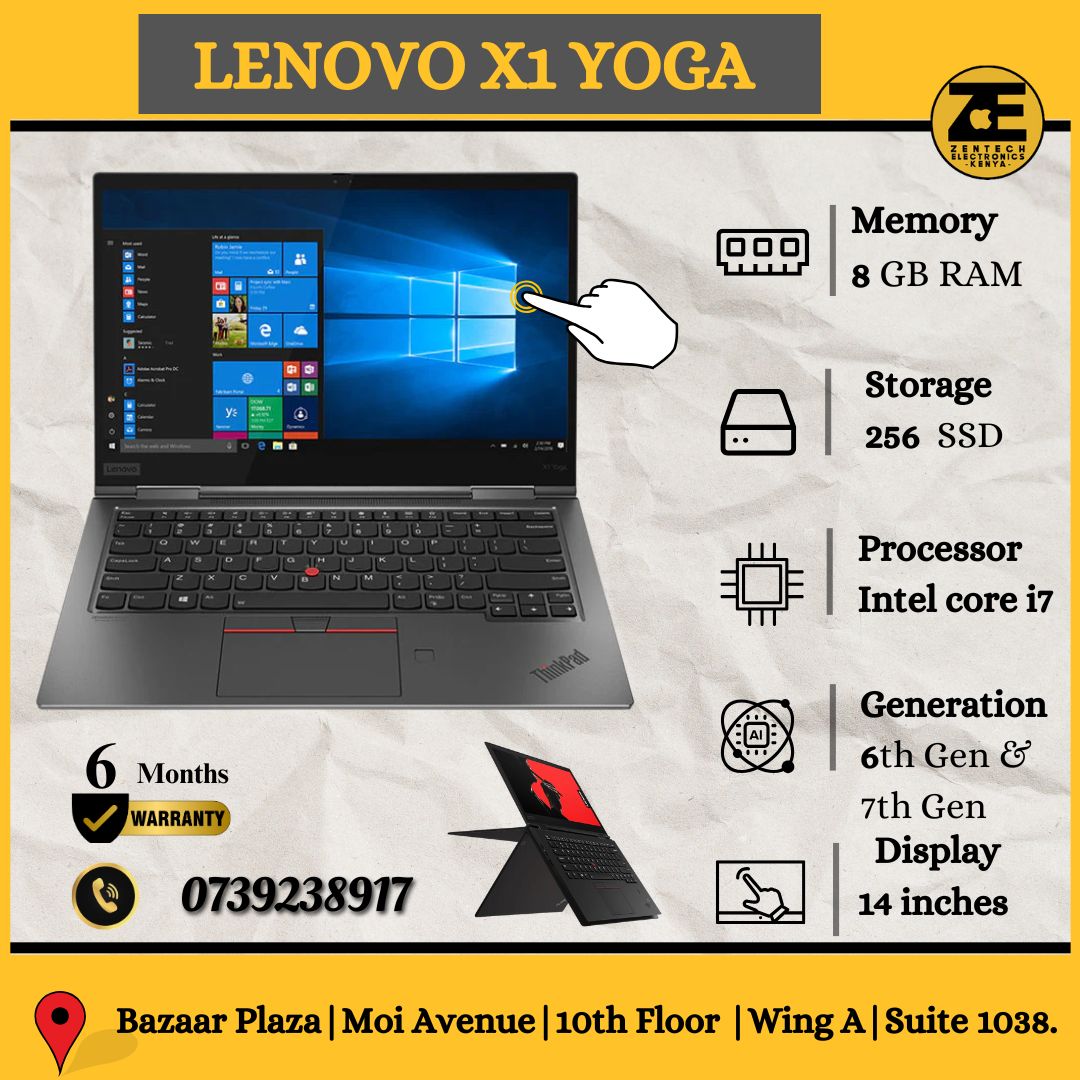 Lenovo ThinkPad X1 Yoga laptop with a touchscreen display, shown in multiple angles and configurations, highlighting the 8 GB RAM and 256 GB SSD specifications.
